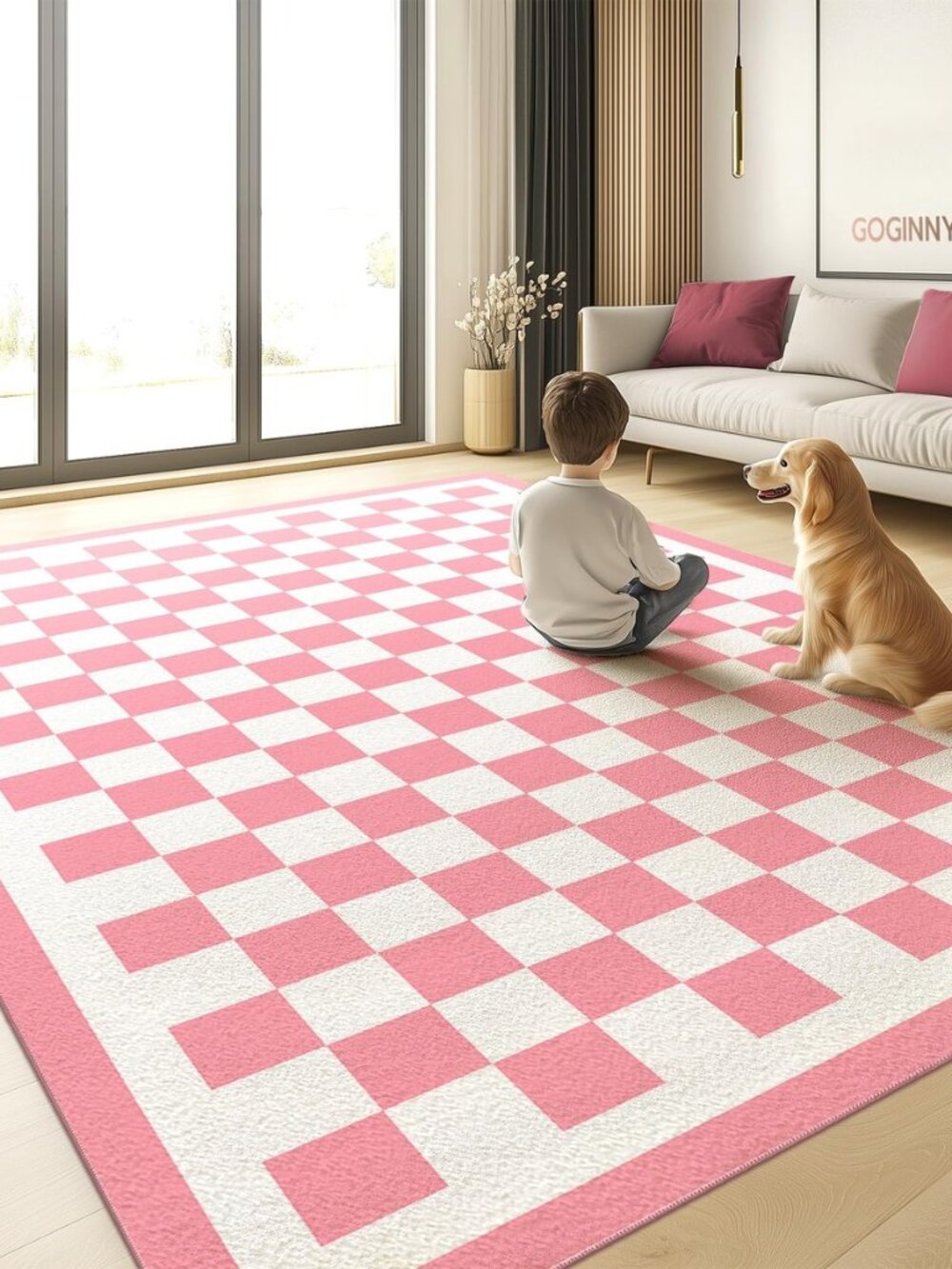 Washable 5x7 Checkered Area Rug for Living Room, Pink Checkerboard Modern Boho